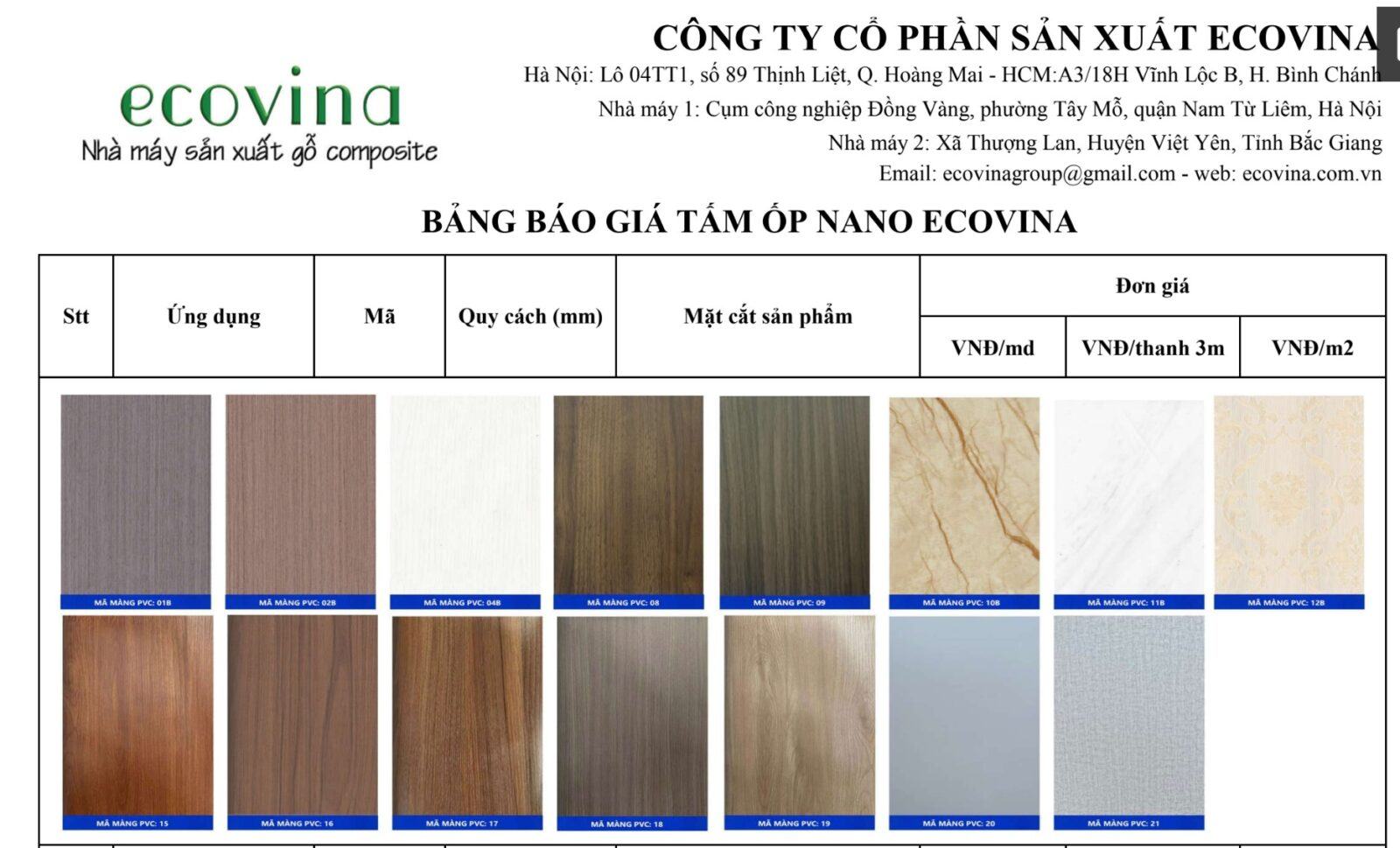 Báo giá tấm ốp nano Ecovina