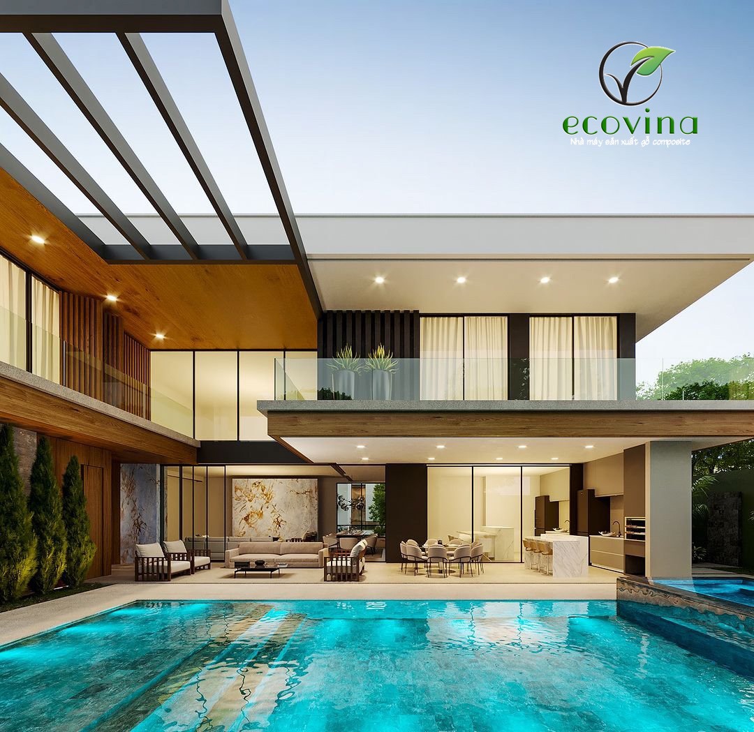 Mẫu thiết kế ứng dụng gỗ nhựa ngoài trời ngoại thất hiện đại tối giản